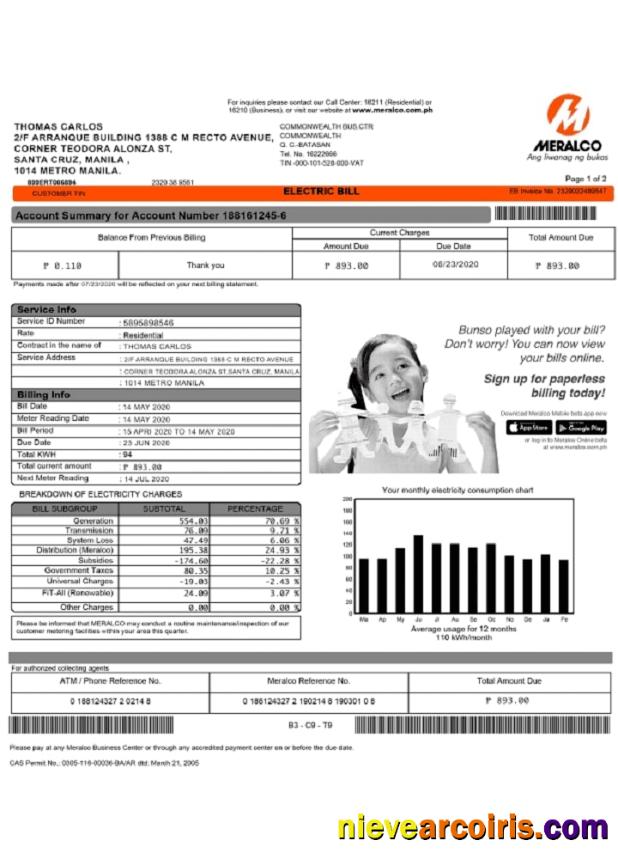 Philippines Meralco electricity utility bill